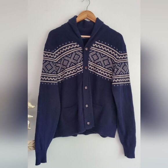 JCrew 100% Lambs Wool Navy Blue Patterned Men's Flawed Sweater Size XL - Picture 6 of 12